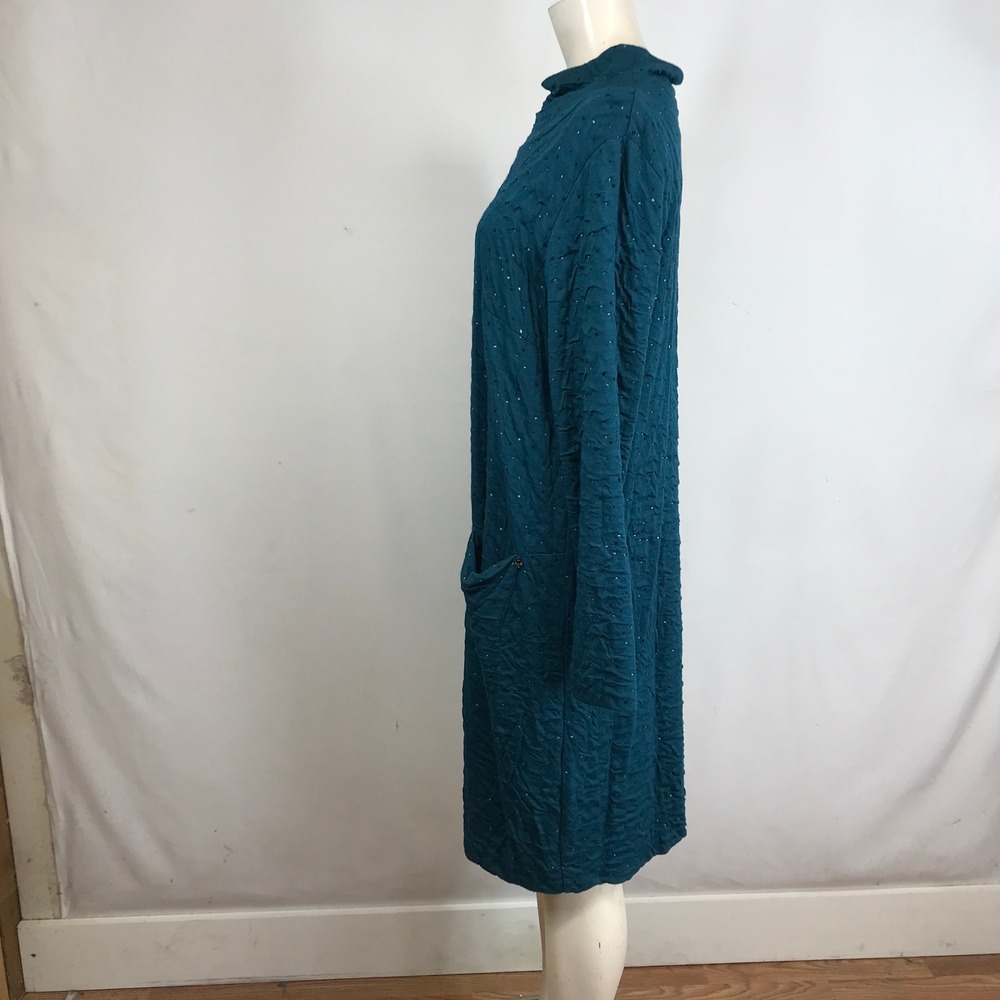 Qneel Teal Textured Mock Neck Long Sleeve Midi Dress with Sparkle Accents - Picture 6 of 11